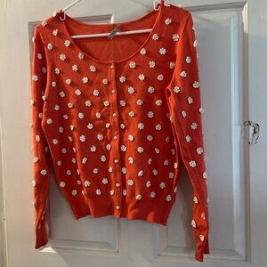 Anthropologie Coral Red Cardigan with White Daisy Applique